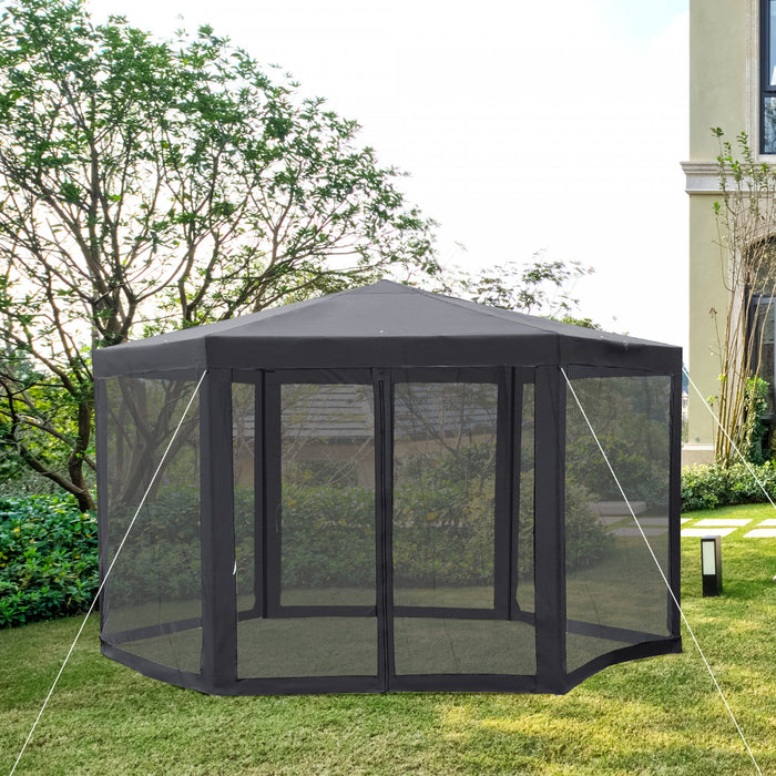 Outsunny Φ13' Hexagon Party Tent Patio Gazebo Outdoor Activity Event Canopy Quick Sun Shelter Pavilion With Netting Mesh Sidewall Dark Grey