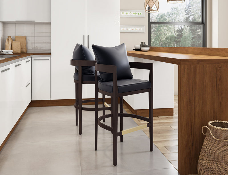 Ritz Mid-Century Modern Wood Upholstered Barstool in Black - Set of 2
