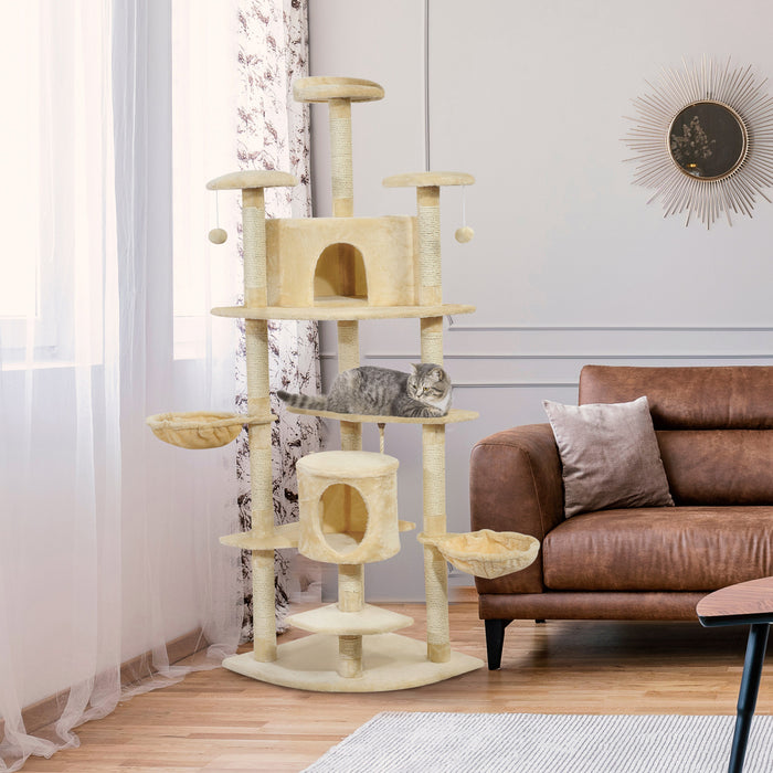 Pawhut 79\" Cat Tree Tower, Large Cat Condo Furniture, Multi-level Cat Tower With Scratching Posts, Cozy Hammock, Dangling Balls - Beige