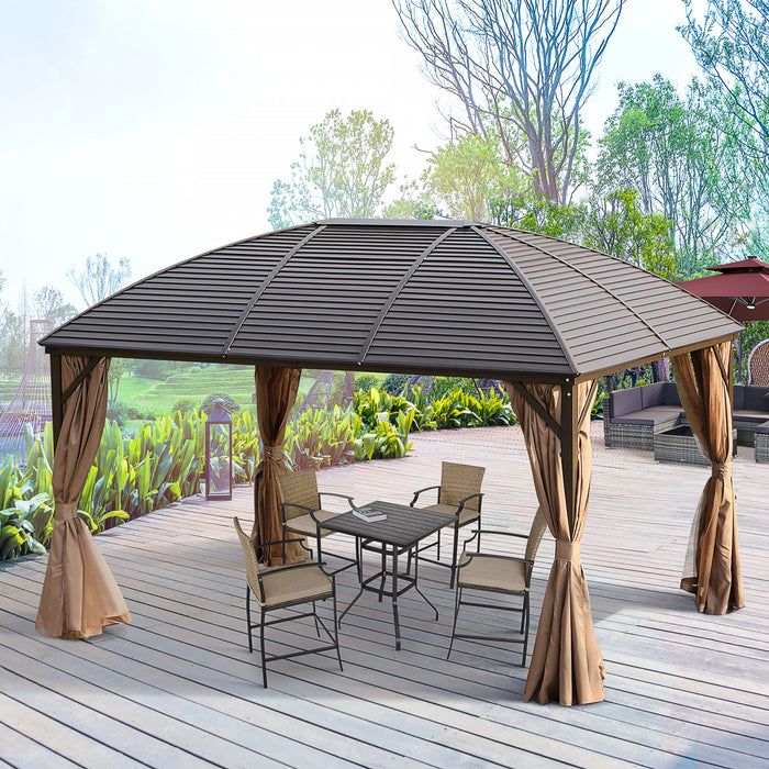 Outsunny 10' X 13' Hardtop Gazebo Canopy With Galvanized Steel Roof, Aluminum Permanent Pavilion Outdoor Gazebo With Top Hook, Netting And Curtains For Garden, Backyard, Brown