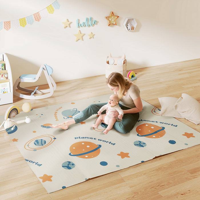 Qaba Baby Play Mat 77\" X 69\", Extra Large Double Sided Foldable Crawling Mat For Babies And Toddlers, Reversible & Waterproof Foam Floor Pad For Infants, Astronaut & Planet Theme