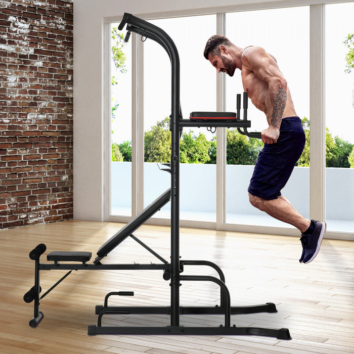 Soozier Multi-function Training Stand Power Tower Station Gym Workout Equipment With Sit Up Bench, Pull Up Bar, Black