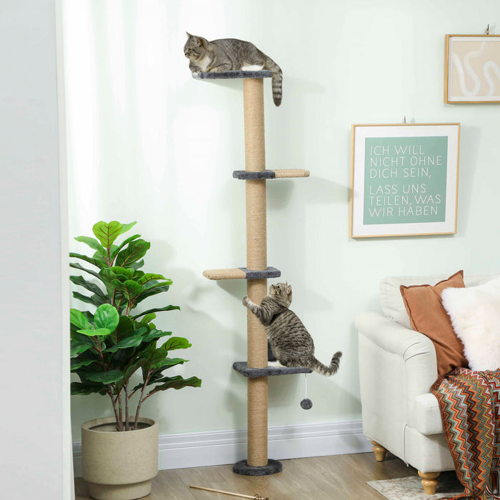 Pawhut Cat Wall Shelves, Cat Wall Furniture With 4 Perch Platforms, Jute Scratching Post And Toy Ball For Indoor Sleeping, Playing, Climbing, Dark Grey