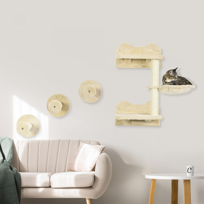 Pawhut 4pcs Cat Wall Shelf With Scratching Posts, Hammock, Setps, Platforms, Cat Shelves For Relaxing, Sleeping, Jumping, Cat Wall Climber For Indoor Cats, Beige