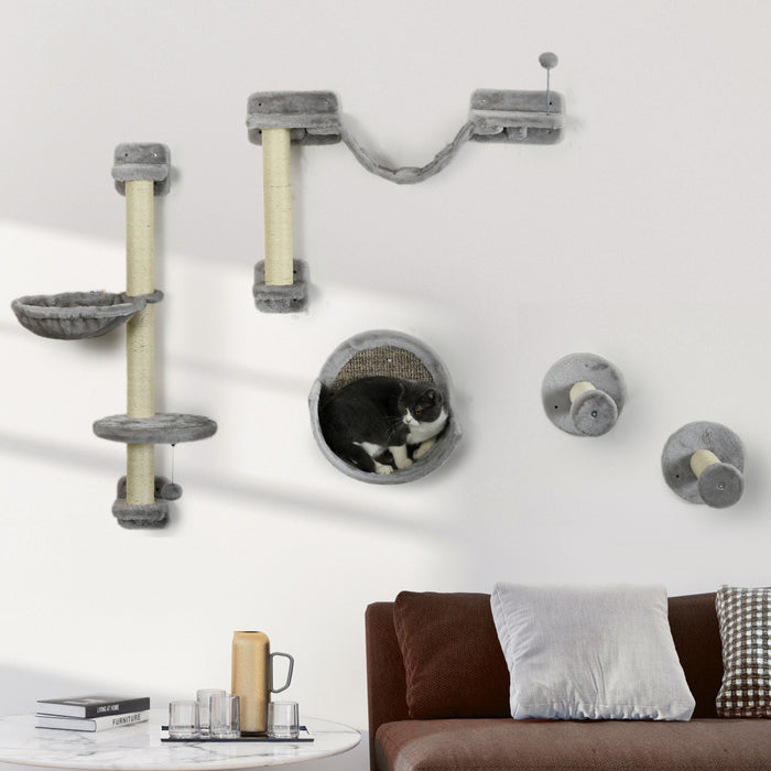 Pawhut Cat Shelves, 5pcs Cat Wall Shelves With Hammock, Scratching Posts, Perches, Ladder, Cat Wall Climber For Indoor Cats, Grey