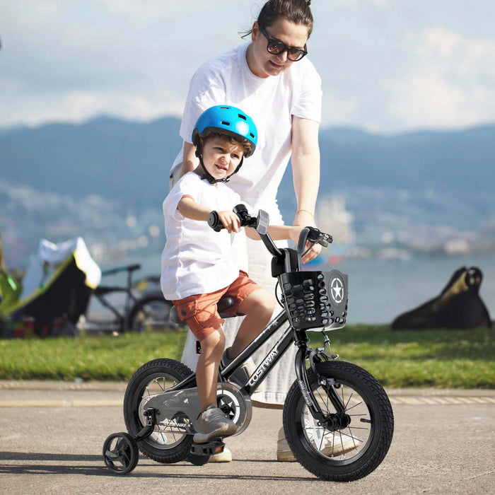 Costway 12\" Kid's Bike With Training Wheels Adjustable Handlebar & Seat Handbrake Black