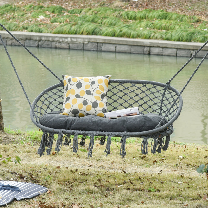 Outsunny Patio Hammock Chair 2 Seat, Hanging Rope Hammock Swing With Metal Frame And Cushion, Large Macrame Seat For Indoor And Outdoor 704 Lbs Capacity, Dark Grey