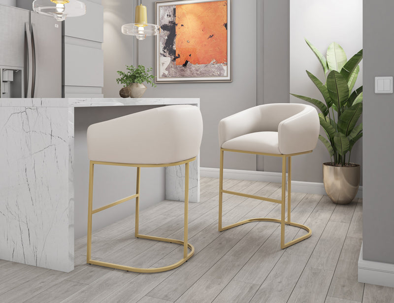 Louvre Mid-Century Modern Metal Upholstered Barstool in Cream - Set of 2