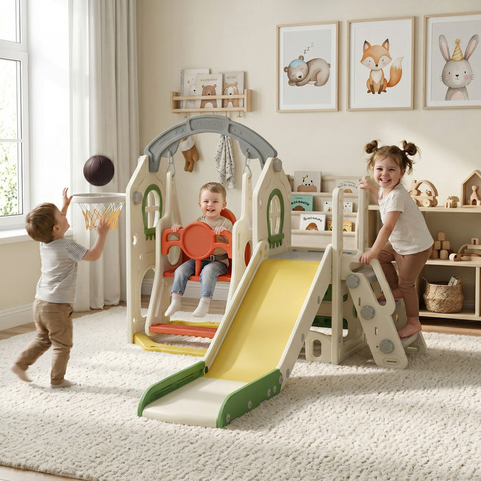 Qaba 5-in-1 Toddler Slide and Swing Set with Adjustable Swing Seat, Climber and Basketball Hoop, Foldable Kids Playground Set for Indoor Outdoor Activity Center, Cream