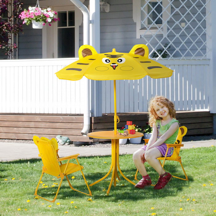 Outsunny Children Table and Chair Set Outdoor, Kids Folding Picnic Table and Chair Set with Removable & Height Adjustable Sun Umbrella for Garden Backyard, Tiger Pattern, Yellow