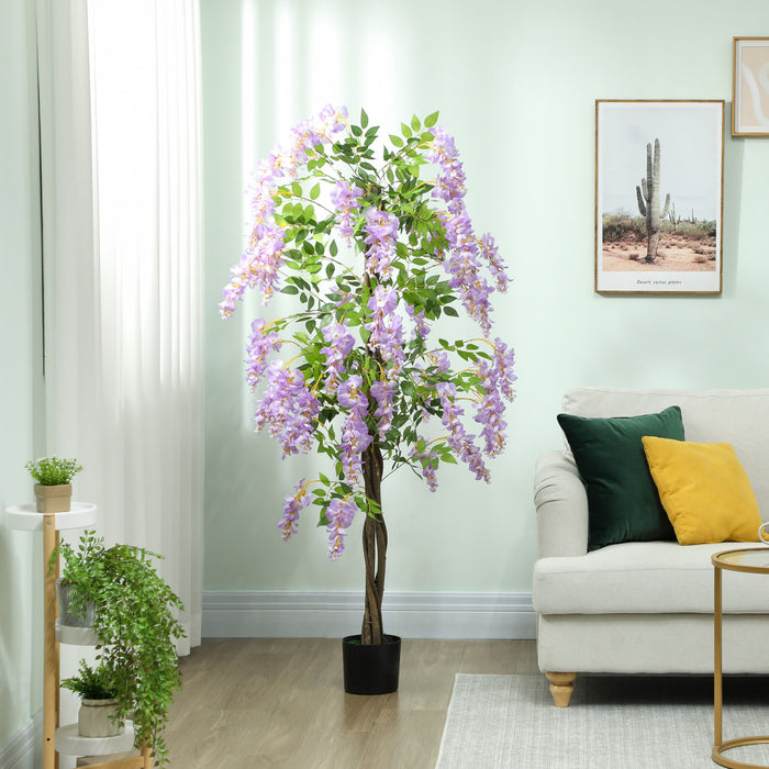HOMCOM 5.9FT Artificial Wisteria Tree with Natural Wood Purple