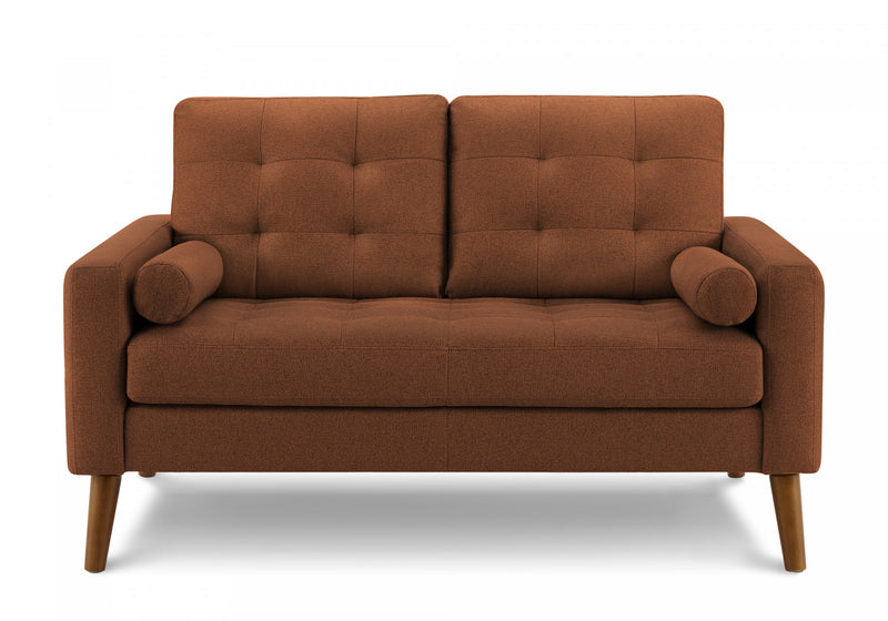 Upholstered Love Seat, 58\" L, Rust Fabric, Walnut Wood Legs, Mid-Century Loveseat