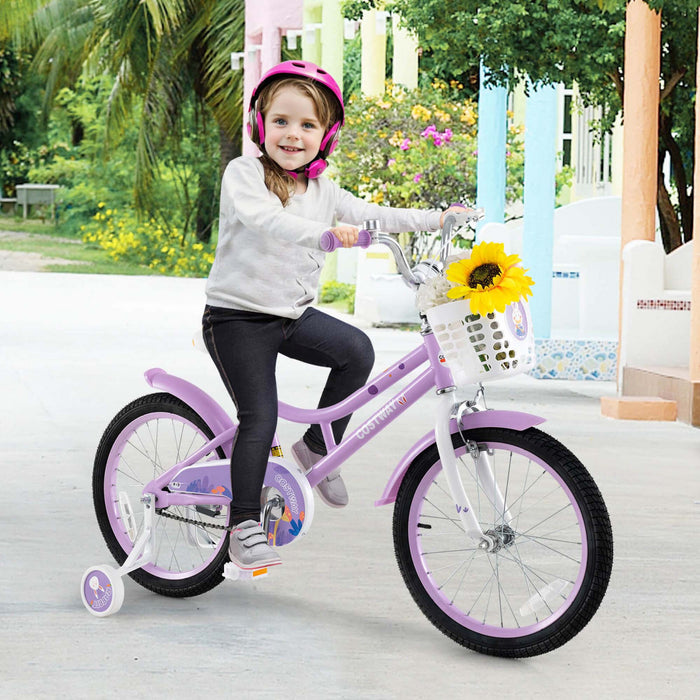 Costway 18\" Girl Bike With Basket Detachable Training Wheels Adjustable Seat Handbrake Coaster Brake Purple