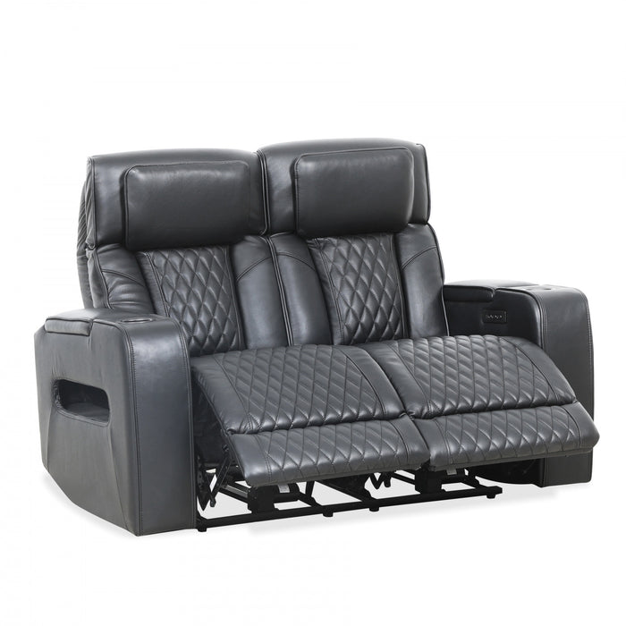 Kingsley 58 in. Leather Match Power Reclining Loveseat with Armrest Storage and USB - Black