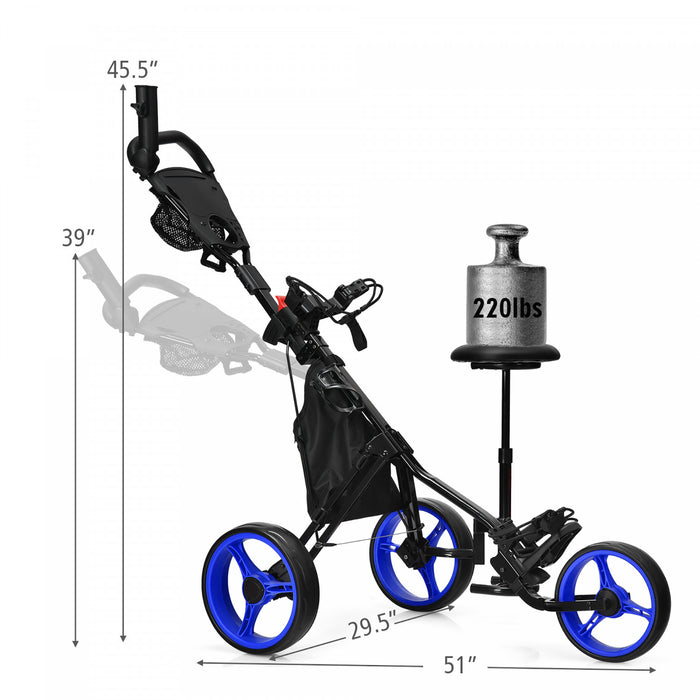Goplus Folding 3 Wheels Golf Push Cart W/seat Scoreboard Adjustable Handle Blue