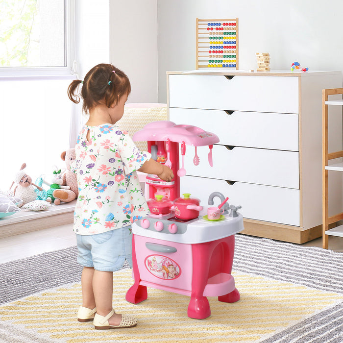 Qaba Kids Kitchen Set Kitchen Playset Pretend Toy Children Role Play Game Toy With Light & Sound Function 38pcs Toy Accessories - Pink