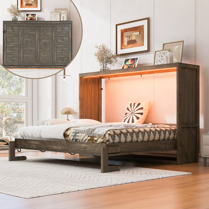 Olivia Solid Wood Murphy Bed with LED Light and Foldable Cabinet,Full Size,Brown Full Bed