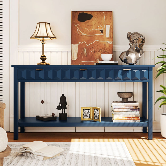 Oliver 60'' Fir Veneer Entryway Table with Honeycomb Design and Drawers, Navy Blue Sofa Table