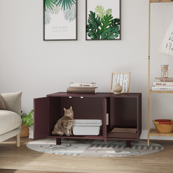 Pawhut Wooden Cat Washroom Pet Litter Box Enclosure Kitten House Nightstand End Table With Scratcher Magnetic Doors Brown
