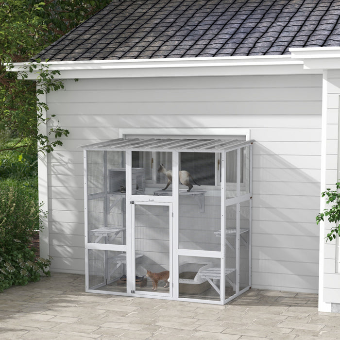Pawhut Catio Outdoor Cat Enclosure, Wooden Outdoor Cat House Window Box With Weatherproof Roof, Bridge, Resting Box, Platforms, Cat Cage For 2 Kittens, White