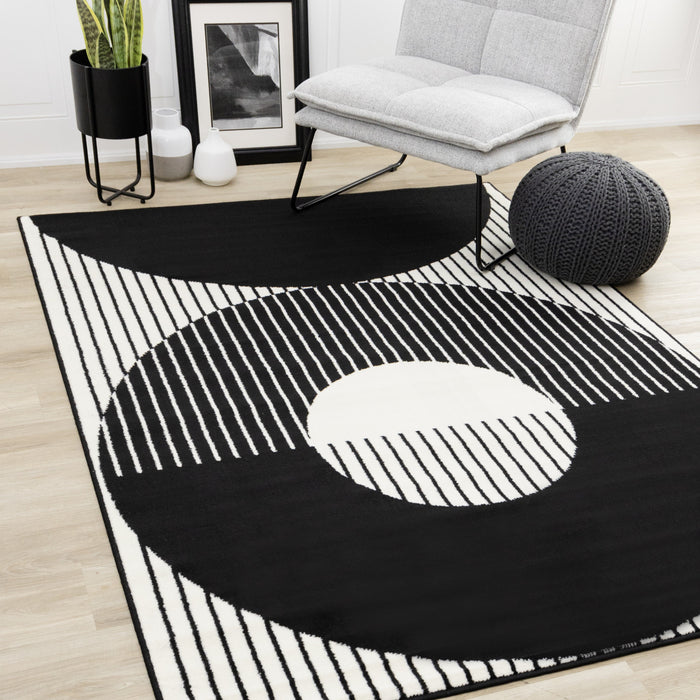 Florence Black White Stripes and Hollow Circle Modern Design, 2'7\" x 4'11\" Indoor Area Rug