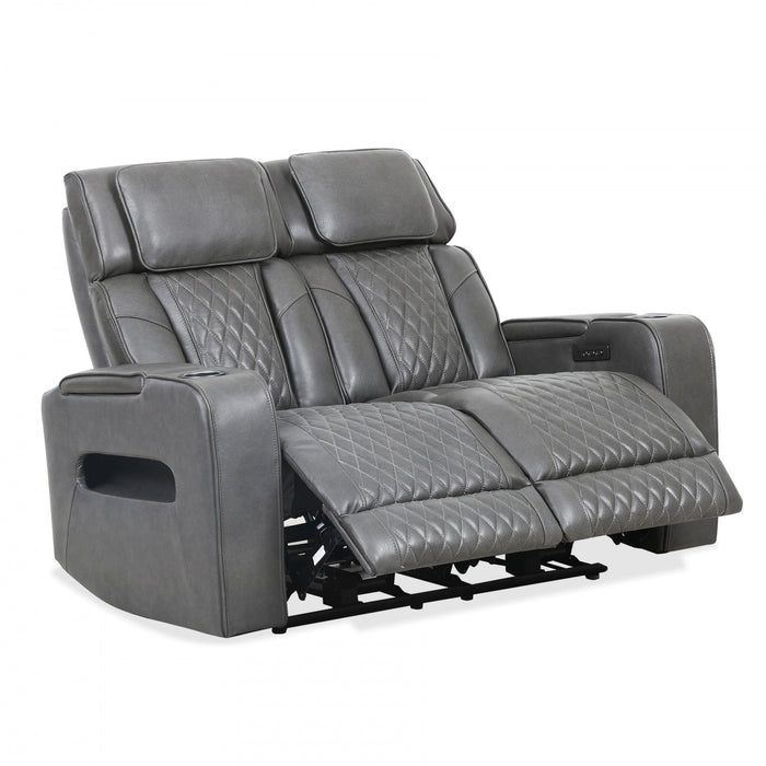 Kingsley 58 in. Leather Match Power Reclining Loveseat with Armrest Storage and USB - Charcoal