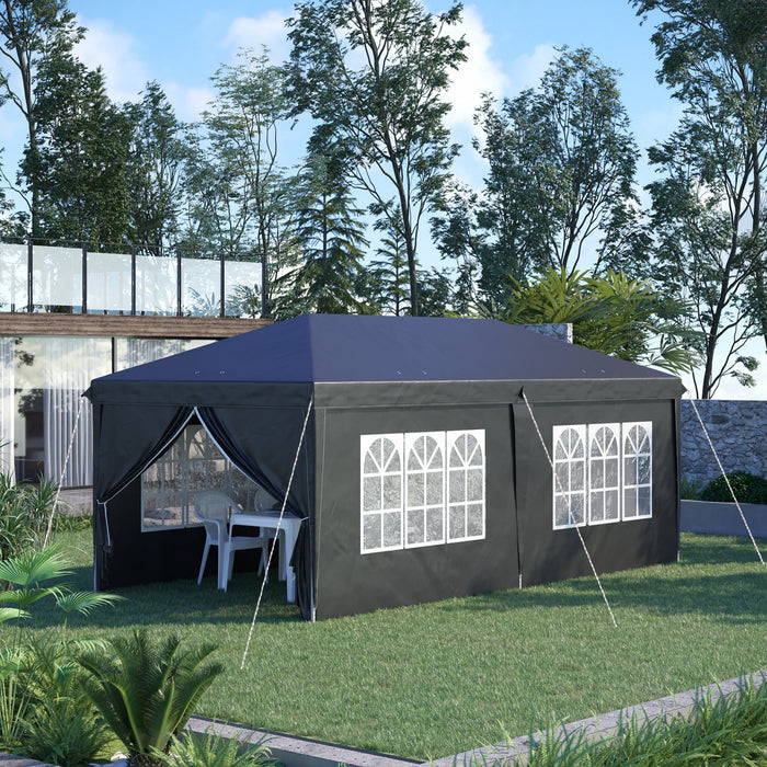 Outsunny 10' X 20' Pop Up Canopy With 6 Walls, Outdoor Easy Up Canopy Party Tent With Steel Frame, Drainage Holes, Instant Garden Shade Shelter With Carrying Bag, Black