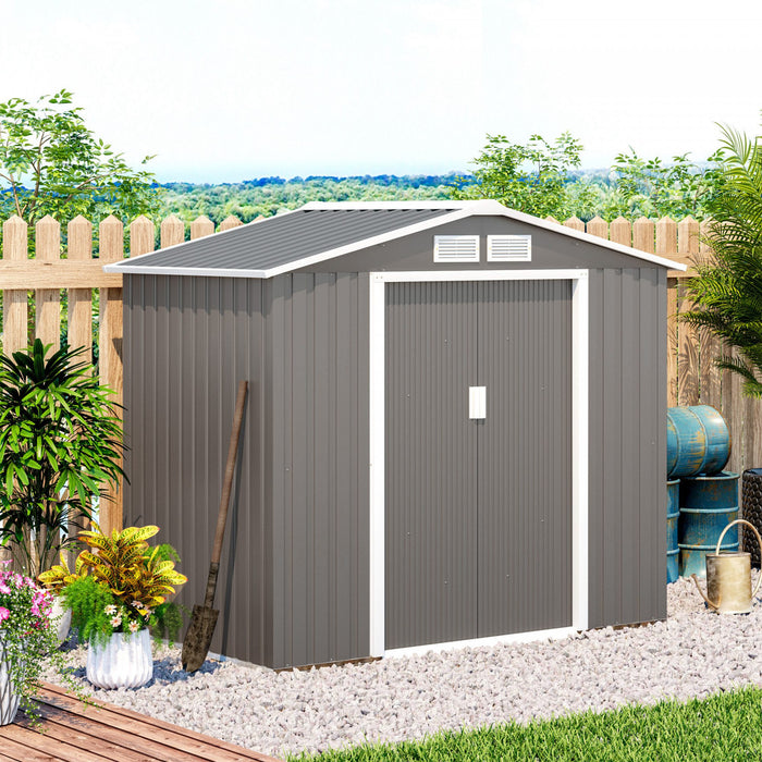 Outsunny 7' X 4' X 6' Garden Storage Shed Outdoor Patio Yard Metal Tool Storage House W/ Steel Floor Foundation And Double Doors Grey