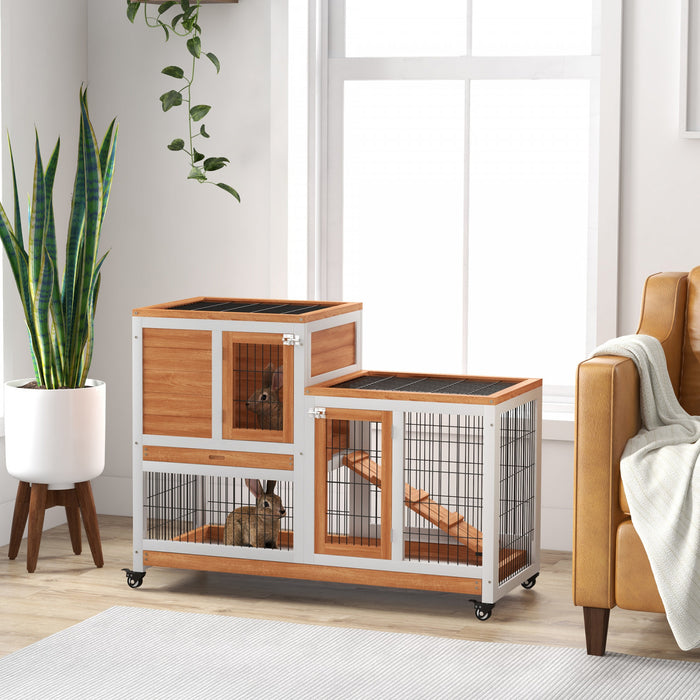 Pawhut Rabbit Hutch Indoor Bunny Cage Guinea Pig House On Wheels With Run, Pull Out Trays, Yellow