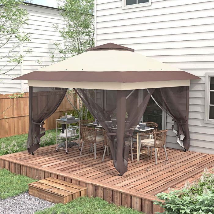 Outsunny 12' X 12' Foldable Pop-up Party Tent Instant Canopy Sun Shade Gazebo Shelter Steel Frame Oxford W/ Roller Bag, Khaki And Brown