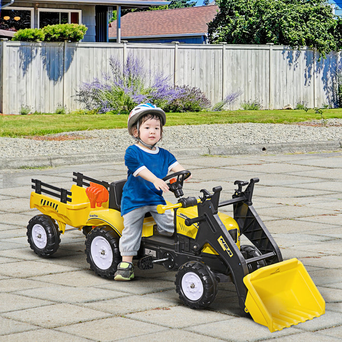 Aosom Front Loader Excavator Ride On Toy Kids Pretend Play Digger Tractor Construction Truck Pedal Control W/ 6 Wheels Controllable Bucket For 3-6 Years Old
