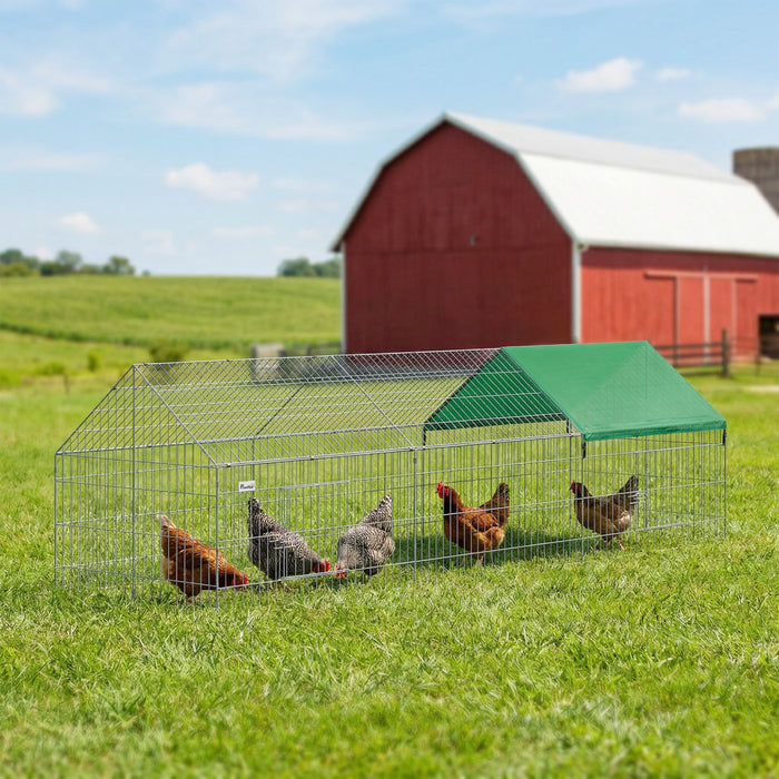 PawHut Metal Chicken Coop, 106\" x 29.5\" x 29.5\" Small Animal Cage, Chicken Run for Yard, Portable Poultry Cage w/ UV-Resistant Cover for Rabbits, Ducks, Turtles, Guinea Pigs, Green
