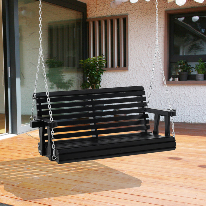 Outsunny 2 Seater Porch Swing Wooden Patio Swing Chair Seat With Cup Holder And Chains Outdoor Swing Bench For Garden Yard, Black