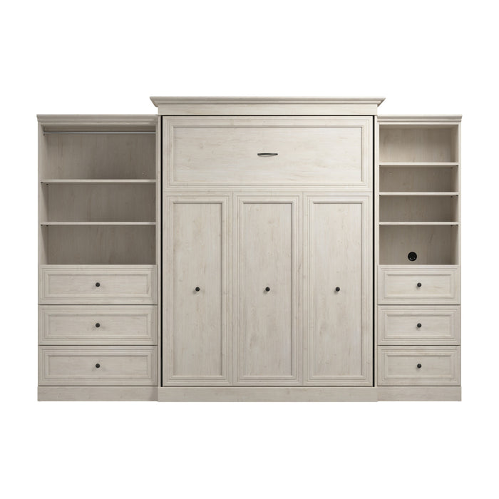 Bestar Versatile Queen Murphy Bed and Closet Organizers with Drawers (126 W) - Linen White Oak