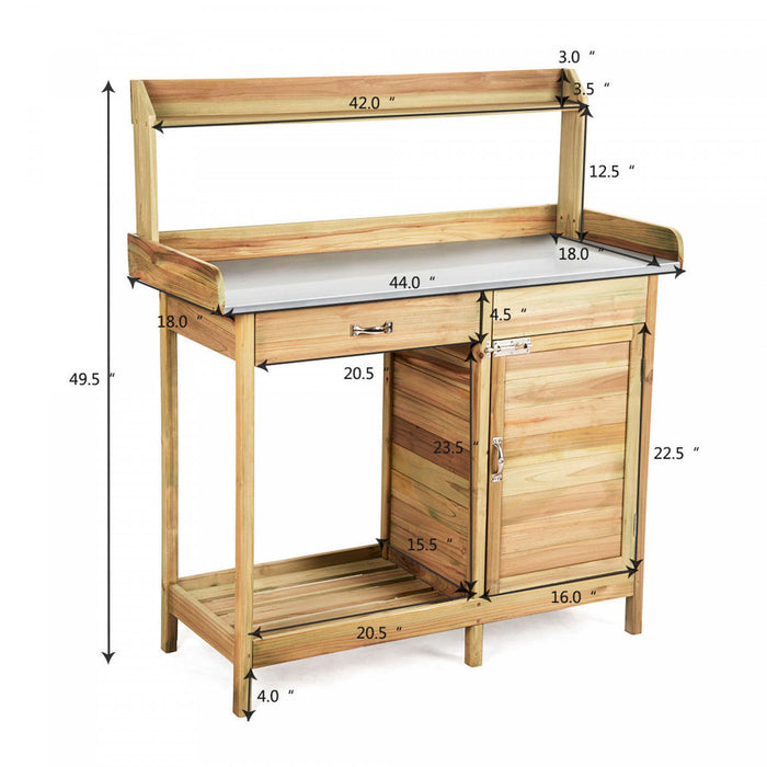 Costway Outdoor Potting Bench Garden Wooden Work Station Metal Tabletop Cabinet