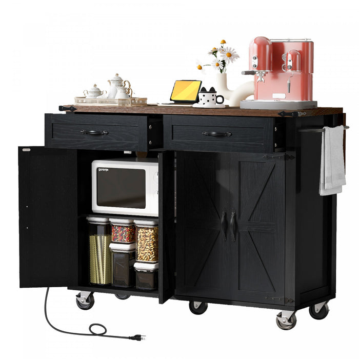 Elton 53.5\" Engineered Wood Kitchen Carts With Power Outlet And Storage - Black