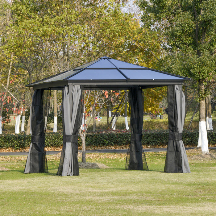 Outsunny 10' X 10' hardtop Gazebo Canopy With Polycarbonate Roof, Aluminum Frame, Permanent Pavilion Outdoor Gazebo With Netting And Curtains, For Garden, Patio, Backyard