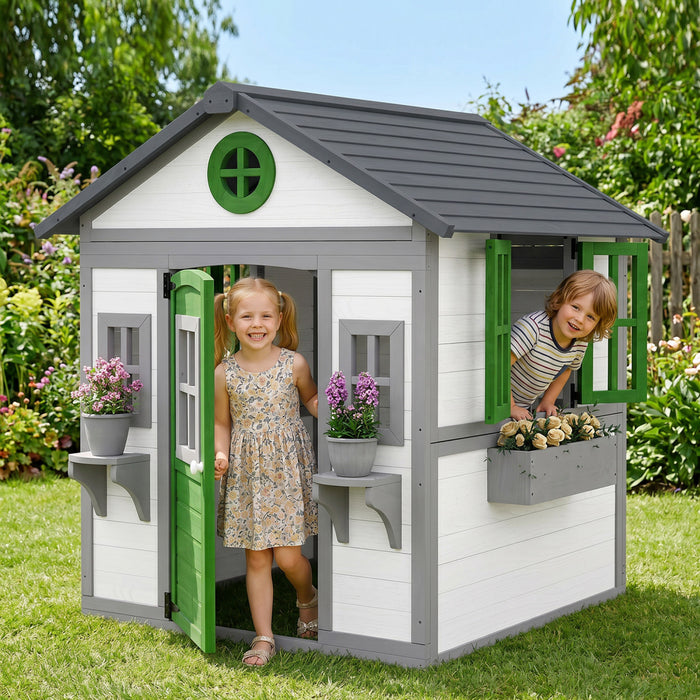 Outsunny Kids Outdoor Playhouse, Wooden Toddlers Large Pretend Play Equipment or Chicken Coop with Door, Windows, Planter Pots for Indoor Playroom, Gift Toys for 3-8 Years, White