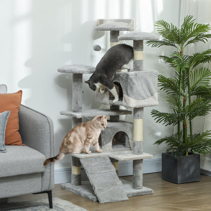 Pawhut 53\" Cat Tree Tower, Large Cat Condo Furniture Multi-level Activity Center With Scratching Posts, Perches, Ramp, Dangling Balls - Grey