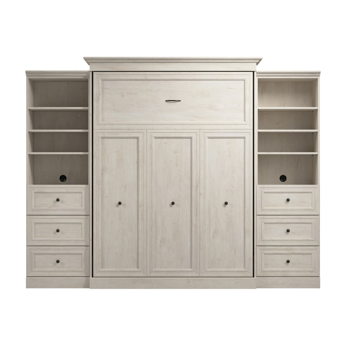 Bestar Versatile Queen Murphy Bed and Two Closet Organizers with Drawers (115 W) - Linen White Oak