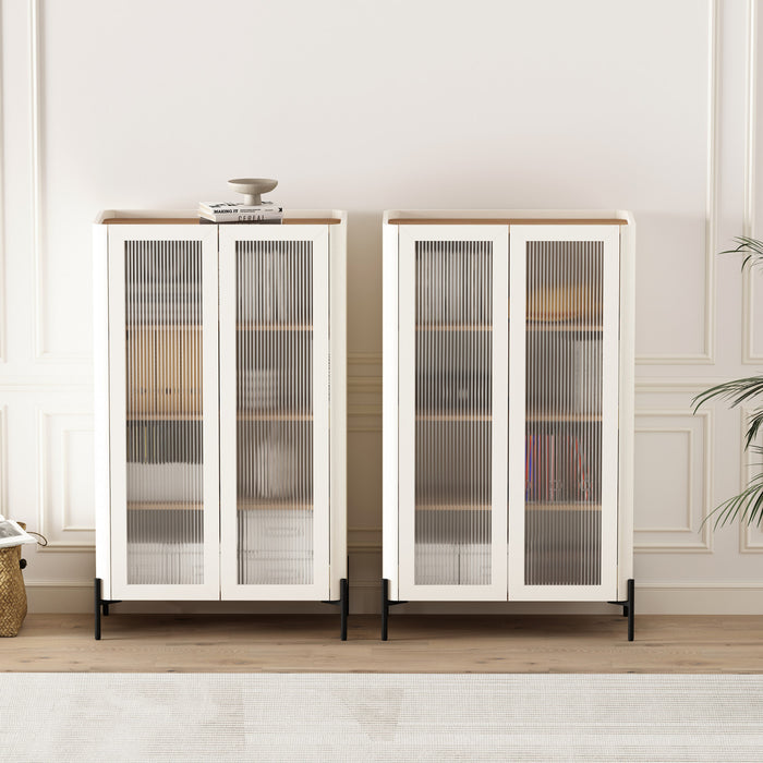 Abbey Modern 32\" Tempered Glass Bookcase Cabinet in Maple and Off White (4-Shelf) - Set of 2