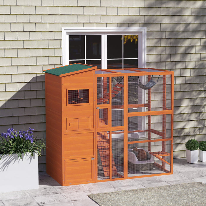 Pawhut Catio Outdoor Cat Enclosure, 76\" L Large Weatherproof Cat House With Cat Condo, Jumping Platforms, Ladder, Ramps, Hammock For 2-3 Indoor Cats, Orange