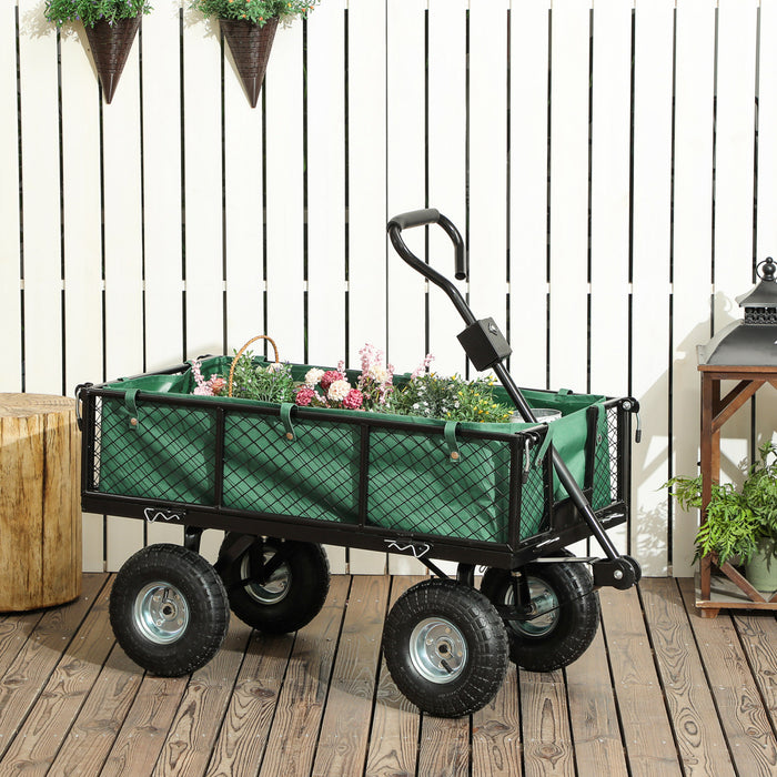 Outsunny Heavy Duty Garden Cart, 660lbs Capacity Utility Wagon Cart with Removable Liner, Quick-Release Sides, 10\" Pneumatic Wheels, Adjustable Handle for Beach Lawn Yard, Green