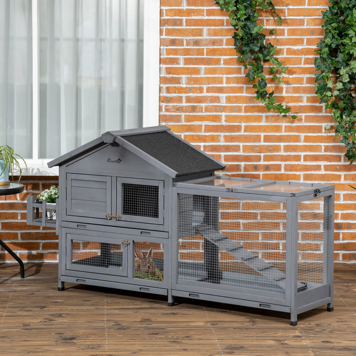 Pawhut 65\" Wooden Rabbit Hutch, Pet Playpen With Openable Roof, Bunny House Enclosure With Storage Box, Slide-out Tray, Ramp, For Rabbits And Small Animals, Dark Grey