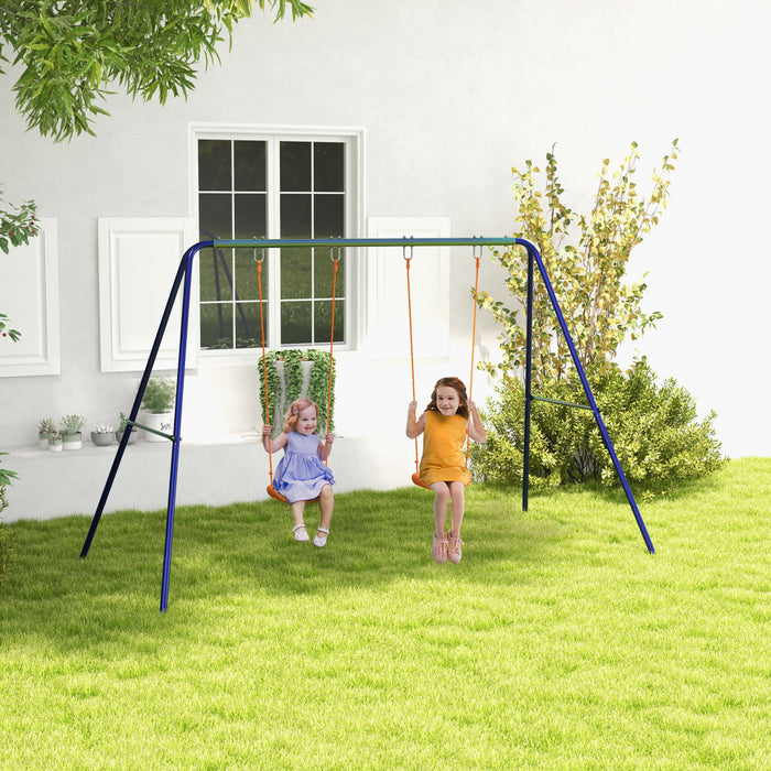 Outsunny Kids Swing Set For Backyard Outdoor Metal Swing Frame With Double Swing Seats, Ground Stakes For 1-2 Children Aged 3-8 Years Old