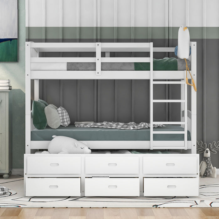 Sean Solid Wood Convertible Design Bunk Bed With Trundle And Drawers, Twin Size, White