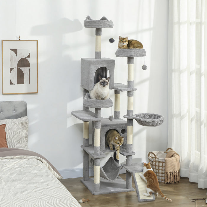PawHut Cat Tree, 76 Inches Large Multi-Level Cat Tower for Indoor Kittens with 8 Scratching Posts, 3 Plush Beds, 2 Hammocks, 2 Large Condos, Ramp, Pompoms, Light Grey
