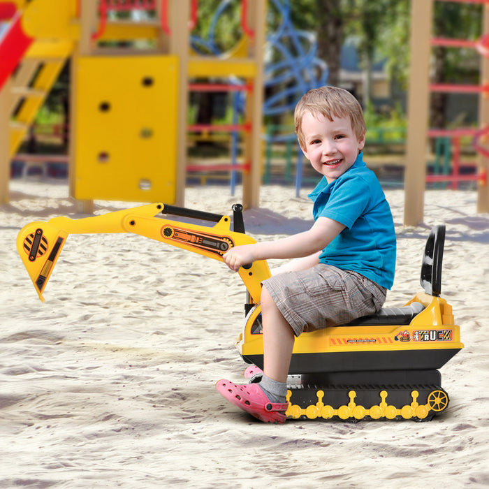 Qaba Kids Ride-on Excavator With Digger, Pretend Play Construction Truck With Under Seat Storage, Realistic Sound, Treaded Wheels, No Power Design