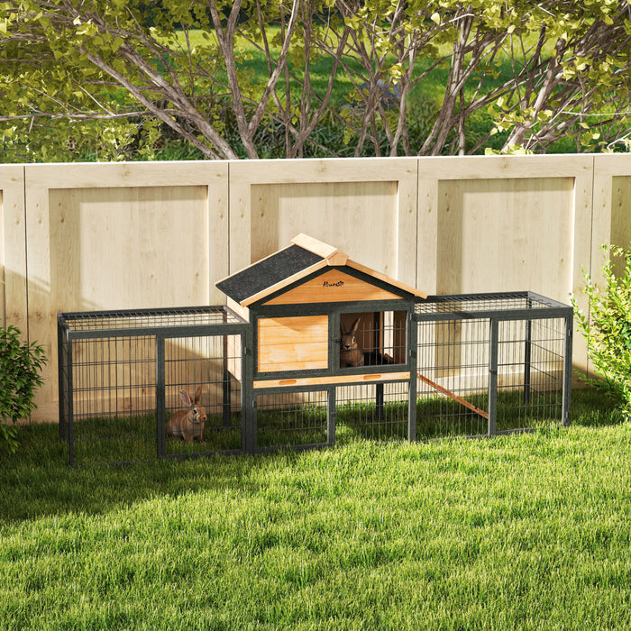 PawHut Rabbit Hutch Outdoor, 85\"L Large Wooden Bunny Cage with Run Box, Removable Plastic Tray, Asphalt Roof, Ramp, Guinea Pig Cage for 2-3 Small Animals Backyard Garden, Yellow