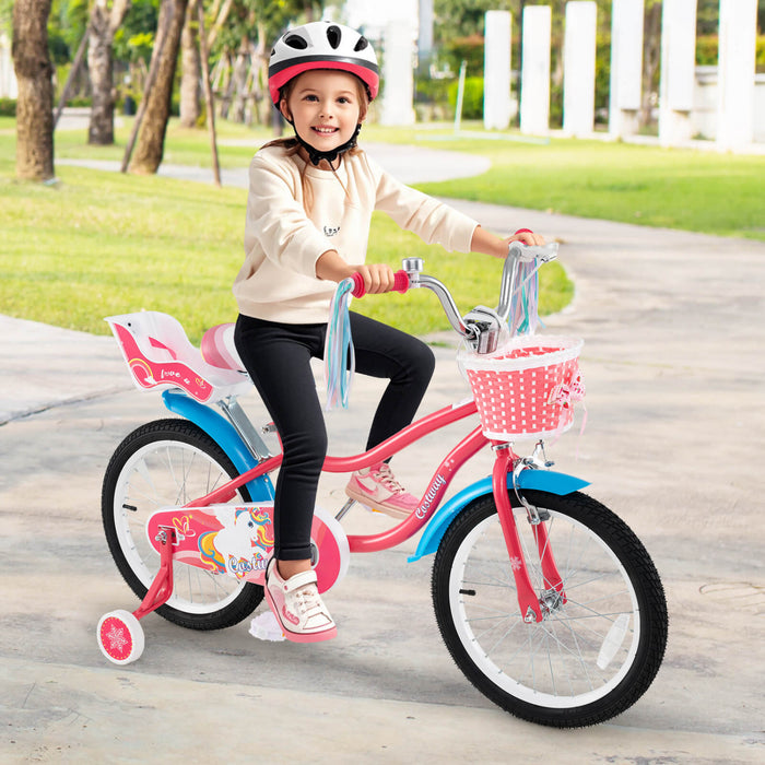 Costway 18\" Kids Bike For 4-8 Years Old With Basket Doll Seat & Colorful Streamers Kickstand Pink
